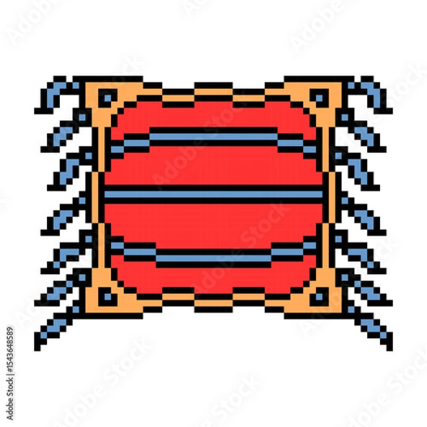 Fototapeta Vector pixel art illustration of a red square throw pillow with yellow trims, blue tassels and stripe print isolated on white background.