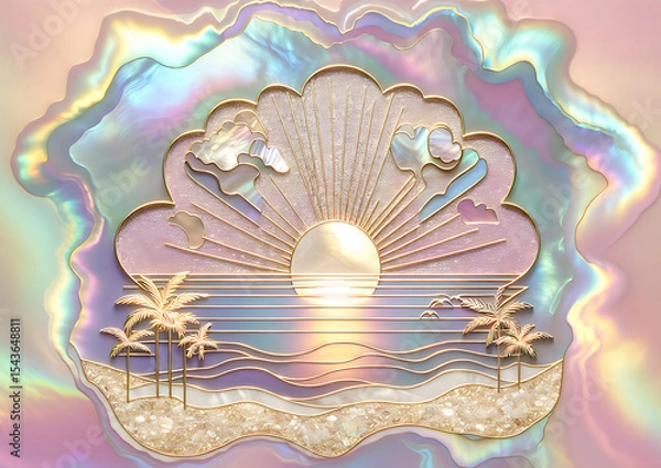 Obraz Rainbow pearlescent background with golden pattern of sunset on the coast with palm trees