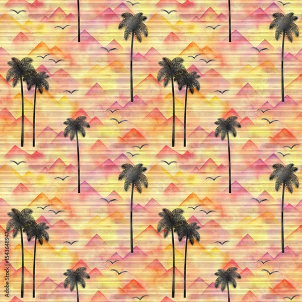 Obraz Watercolor seamless pattern with palm trees on sunset colors background