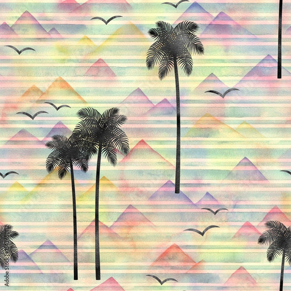 Obraz Watercolor seamless pattern with palm trees on multicolor background