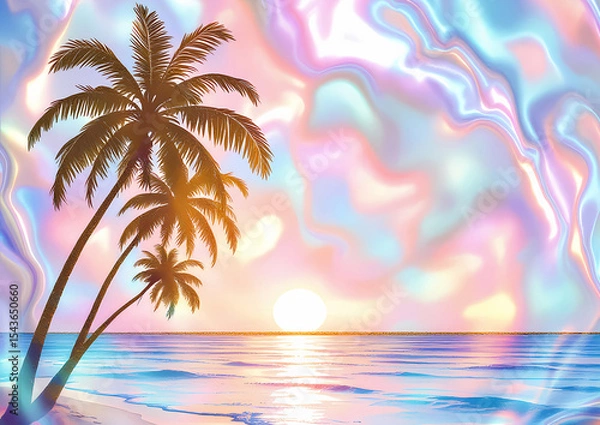 Obraz Rainbow pearlescent background with golden pattern of sunset on the coast with palm trees