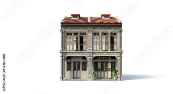 Obraz Traditional Peranakan or Sino-Portuguese Colonial Shophouse Isolated on White Background.