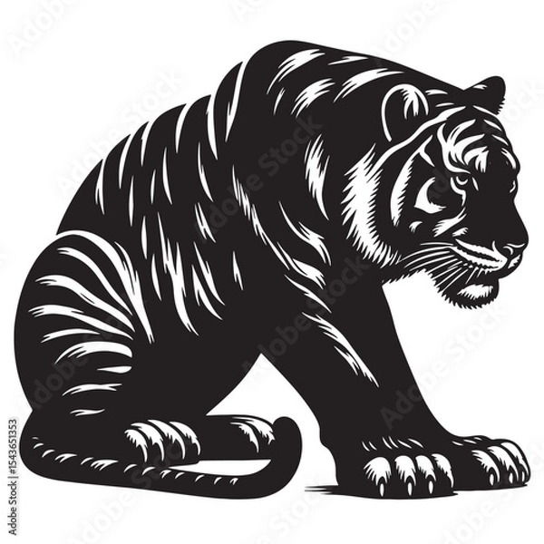 Obraz Crouching tiger silhouette in sleek black vector style – ideal for nature cut files, predator designs, digital art, and exotic wildlife products.