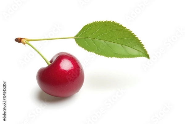Obraz Single ripe cherry with a green leaf attached, isolated on a white background