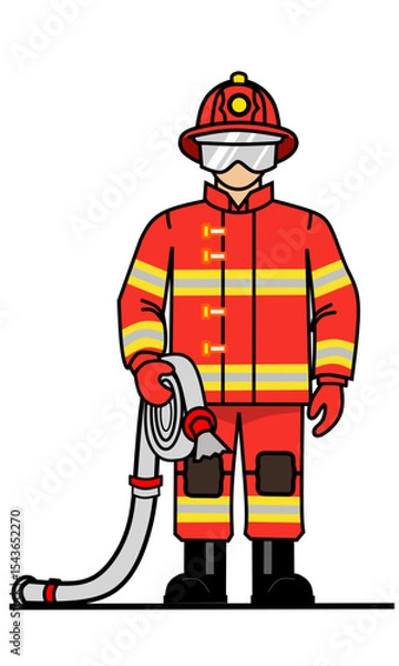 Obraz Firefighter Holding Hose Vector Illustration – Emergency Services Hero in Uniform for Safety Campaigns and Rescue Concepts