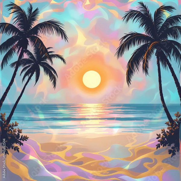 Obraz Rainbow pearlescent background with golden watercolor pattern of sunset on the coast with palm trees