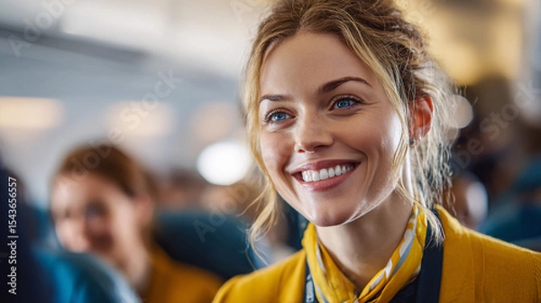 Fototapeta Flight attendant smiling warmly while serving passengers onboard