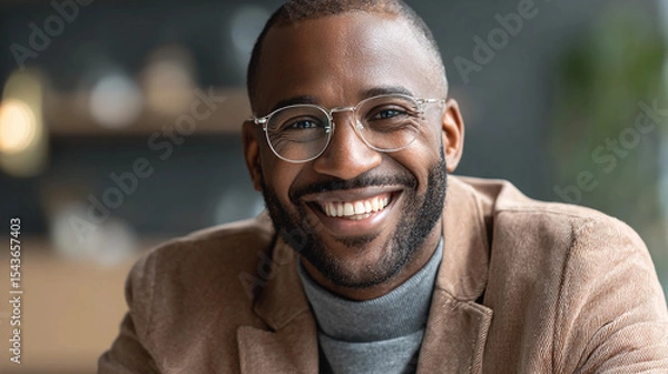 Fototapeta Professional man smiling warmly in a modern cafe setting