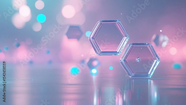 Obraz Abstract Glass Hexagon Shapes with Neon Lights Reflection