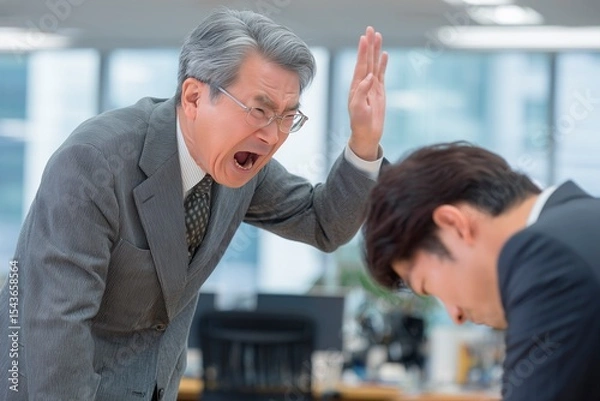 Obraz パワーハラスメント。上司に叱責される部下のストレスフルなオフィスシーン