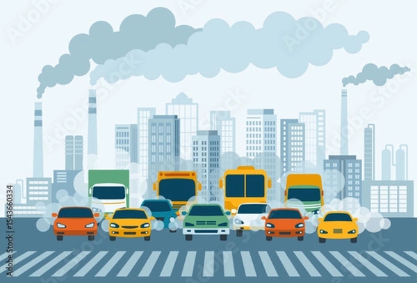 Fototapeta The issue of air pollution caused by industrial emissions and motor vehicles. Cars driving on a highway with carbon dioxide clouds in the background of industrial facilities