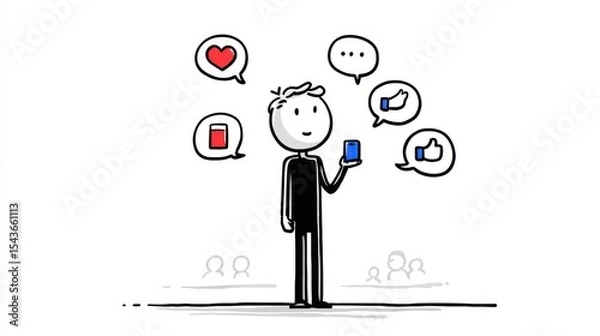 Fototapeta This stick figure uses a phone or computer, sending posts and receiving notifications, symbolizing constant online connection and communication.
