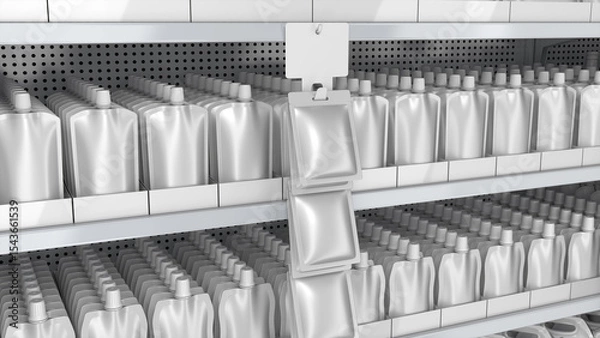 Fototapeta Close-up of supermarket shelves with doypack stand-up spouted pouches in display boxes and hanging stripe with pillow pouches. 3d illustration