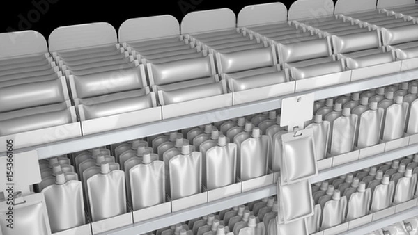 Fototapeta Close-up of supermarket shelves with stick sachet and stand-up pouches in display boxes and hanging strip with pillow pouches. 3d illustration isolated on black