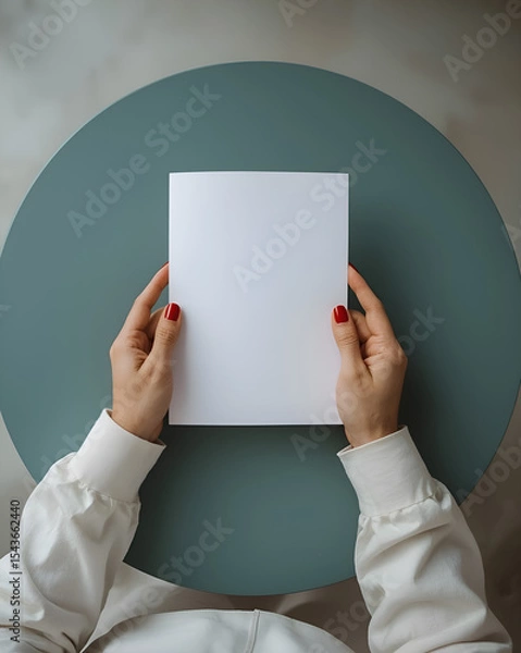 Obraz Pair of Hands Holding a Blank White Document on a Green Table