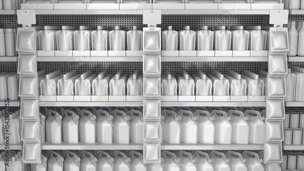 Fototapeta Close-up of supermarket shelves with soft liquid packaging pouches with handle design and stand-up pouches in display boxes and hanging strip with pillow pouches. 3d illustration