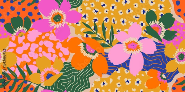 Obraz Hand drawn exotic floral pattern. Seamless patterns with flowers and leopard. For fabric, textiles, clothing, posters, covers, banners, wall art, home decor, abstract backgrounds.