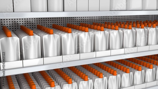 Fototapeta Close-up of supermarket shelves mockup with doypack stand-up pouches with orange caps in display boxes. 3d illustration