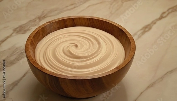 Obraz shallow wood bowl isolated with cream sauce on white background, brightly lit, no garnish, 3/4 angle