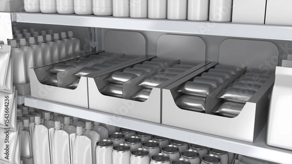 Fototapeta Close-up of supermarket shelves with silver pillow pouches in display boxes, stand-up pouches and cans. 3d illustration