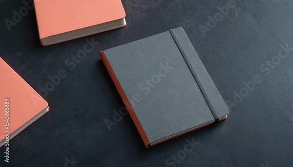 Obraz Notebook with pen and coffee cup and flowers on grey
