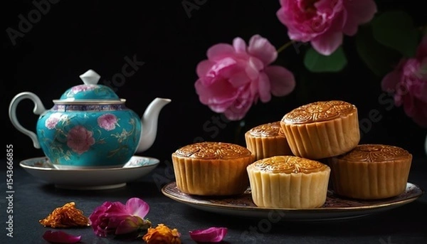 Obraz Mid-Autumn Festival Mooncakes and Tea in a Chinese Setting
