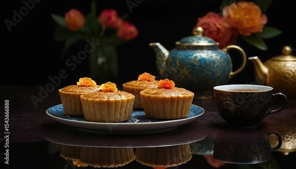 Obraz Mid-Autumn Festival Mooncakes and Tea in a Chinese Setting
