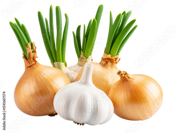 Fototapeta  Natural, realistic composition of young onion stalks with fresh leaves alongside 