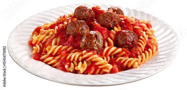 Fototapeta prato com macarrão ao molho sugo acompanhado de almôndegas de carne bovina isolado em fundo transparente