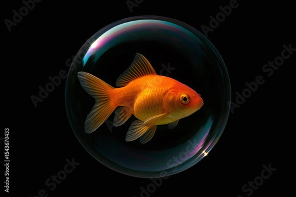Fototapeta Golden fish swimming inside a transparent bubble against a dark background with vivid colors