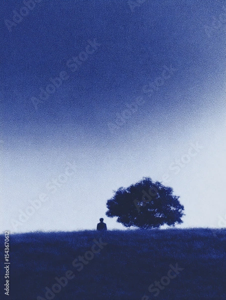Fototapeta Person sitting quietly under a tree, gazing into the distance on a serene hillside location in the early evening light
