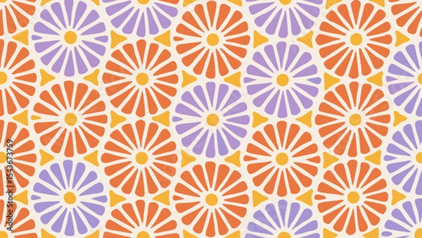 Fototapeta Repeating floral pattern with orange and purple flowers and yellow triangles on a cream background