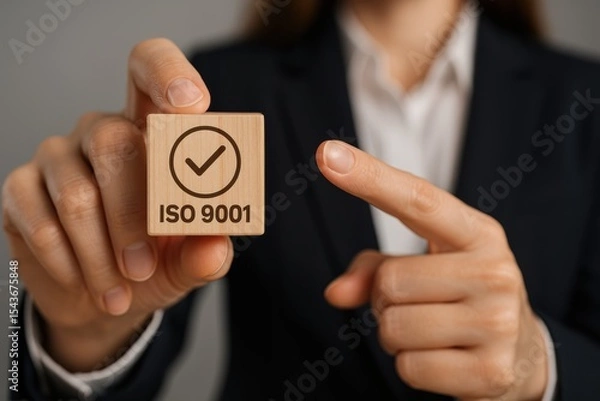 Fototapeta Business professional holding ISO 9001 certification cube