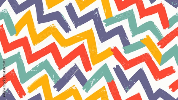 Fototapeta Colorful zig zag pattern with red yellow blue and green brush strokes on a white background creating a design