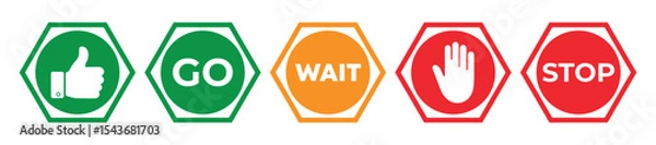 Fototapeta Stop, Wait, and Go Traffic Sign Icons – Red, Yellow & Green Vector Symbol Set for Road Safety, vector illustration.
