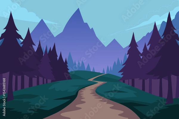 Fototapeta Gravel path through enchanted mountain forest vector illustration
