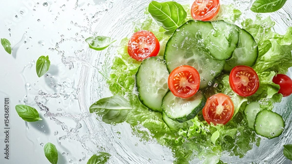 Obraz Fresh green salad with cucumbers, tomatoes, and basil in water splash