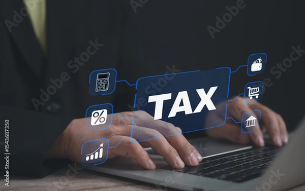 Fototapeta Person typing on laptop with digital TAX interface featuring finance-related icons, symbolizing tax management, calculation, e-filing, percentage analysis, budgeting, and digital business finance.