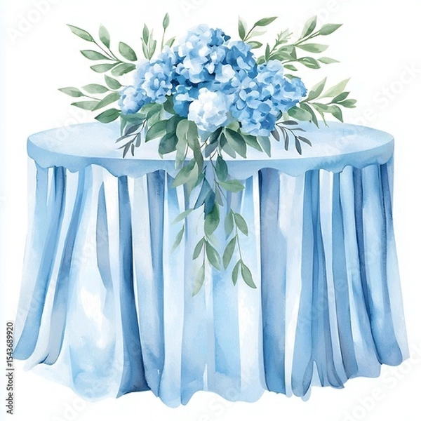 Fototapeta Watercolor Blue Hydrangea Centerpiece on Draped Table