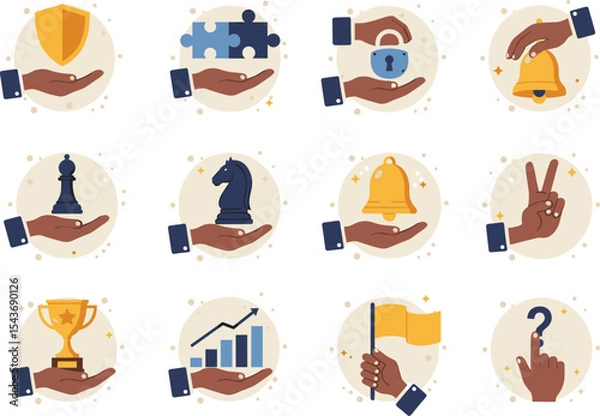 Fototapeta Strategy icon set, hand holding symbols, business success, chess piece, trophy, puzzle, flag, growth, alert, decision making concept