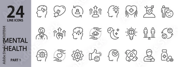 Obraz Mental Health line icons set with Wellness, Brain, Therapy, Positive, Thinking, Mood, Care and more. Editable Stroke
