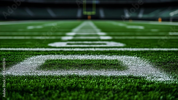Fototapeta Focused shot of number zero painted on green football field grass ground level view used in sports and match environments