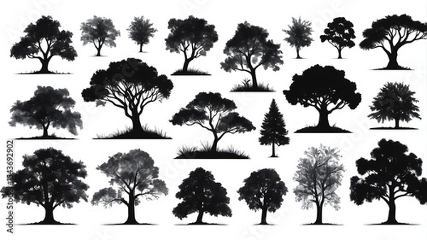Fototapeta A set of vector silhouettes of several trees isolated on a white background.