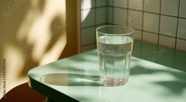 Fototapeta Glass of clear water sits on green table, illuminated by soft sunlight, creating gentle shadows on surface. serene atmosphere evokes sense of calm and refreshment