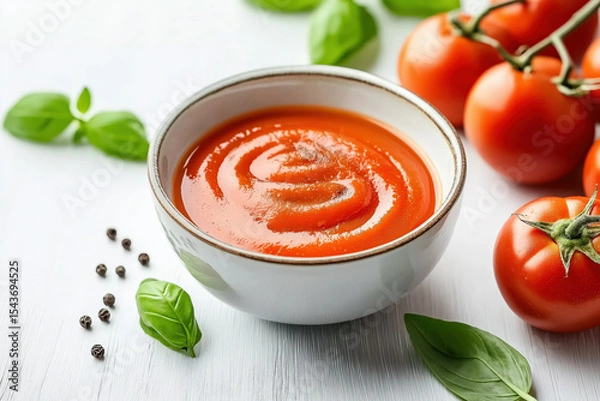 Obraz Fresh tomato puree served with basil leaves and ripe tomatoes on a white table