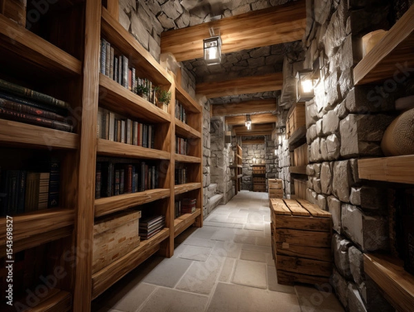 Fototapeta Cozy Cellar With Wooden Shelves and Soft Candle Lighting Basement of a Modern cottage house, wooden forest setting made from stone and wood