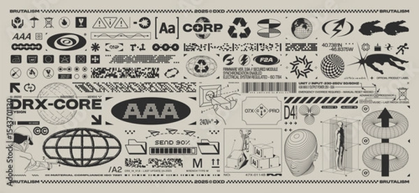 Fototapeta Brutalism tech graphic set. Glitch symbols, packaging signs, fake logos and futuristic elements. Y2K monochrome interface for sci-fi UI, poster or branding design. Vector set
