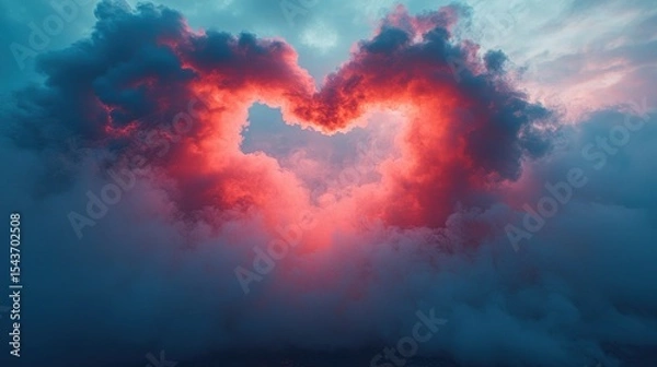 Fototapeta Heart-shaped smoke trail in pink and blue from a Red Arrows air show in the sky, aerial performance, colorful smoke display, romantic shape, aviation show, flight demonstration, sky art.