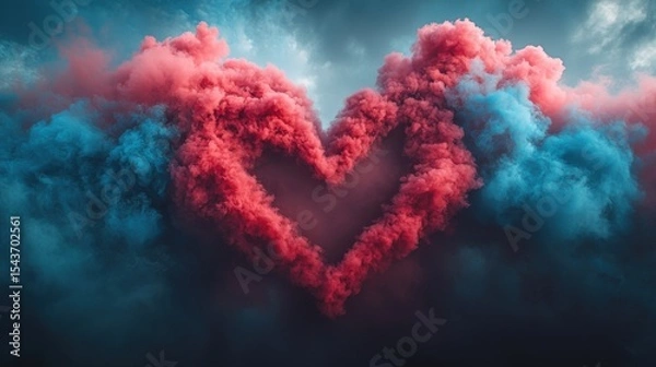 Fototapeta Heart-shaped smoke trail in pink and blue from a Red Arrows air show in the sky, aerial performance, colorful smoke display, romantic shape, aviation show, flight demonstration, sky art.