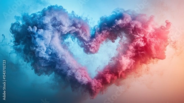 Fototapeta Heart-shaped smoke trail in pink and blue from a Red Arrows air show in the sky, aerial performance, colorful smoke display, romantic shape, aviation show, flight demonstration, sky art.